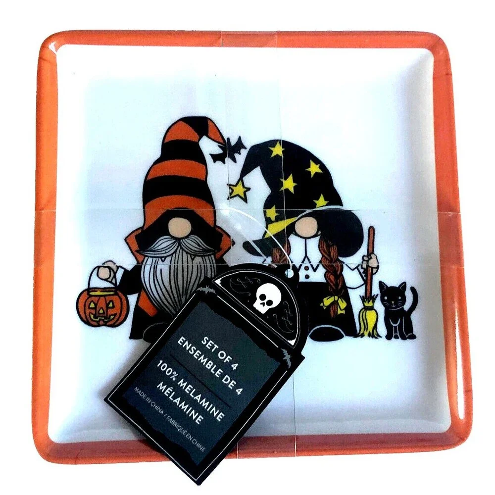 Halloween Gnomes Melamine Plates Witch Black Cat Orange 6 Inch Square Set of 4